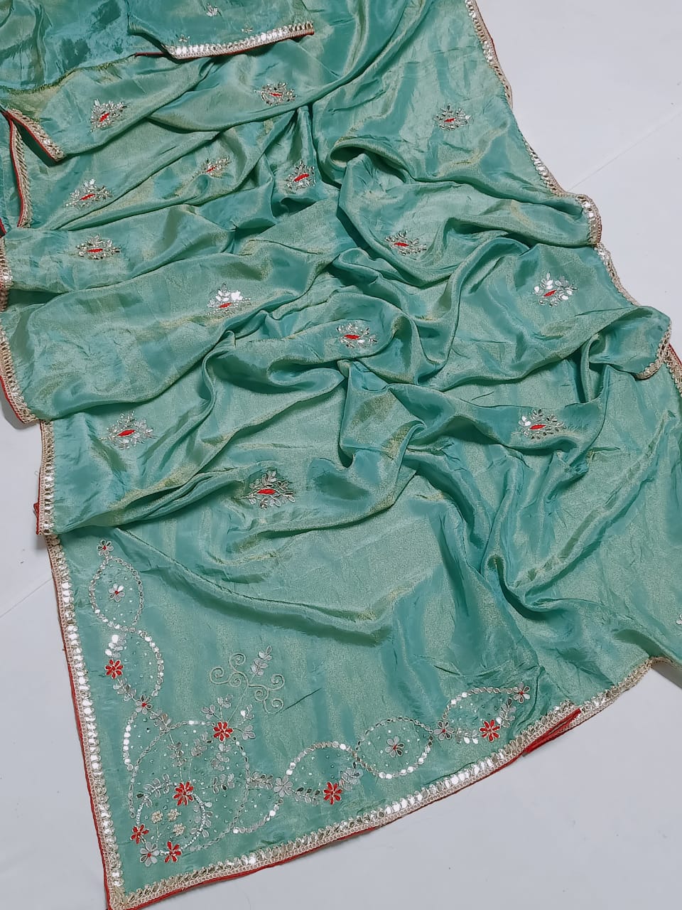 Saree with Floral Hand Embroidery & Mirror Work Border