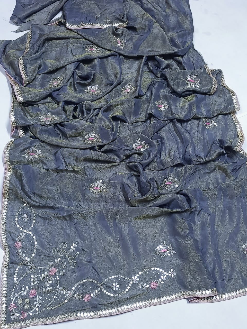 Saree with Floral Hand Embroidery & Mirror Work Border