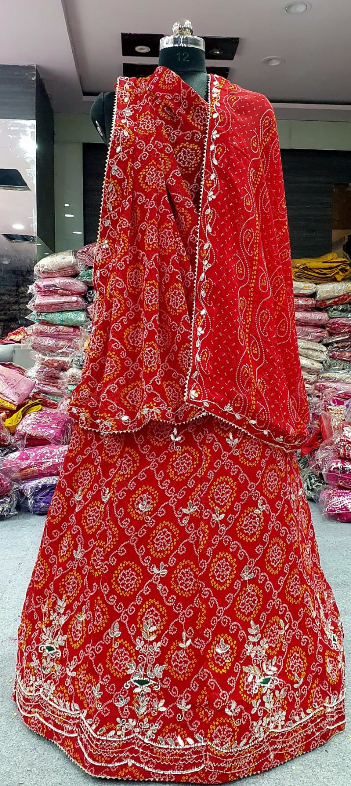 Bandhej Style Lehenga with Floral Embroidery
