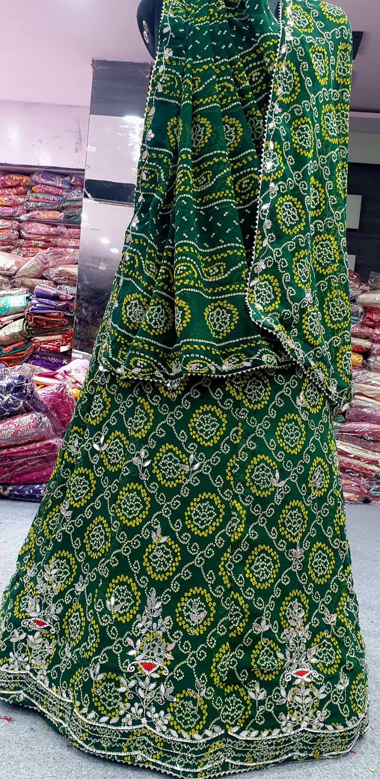 Bandhej Style Lehenga with Floral Embroidery