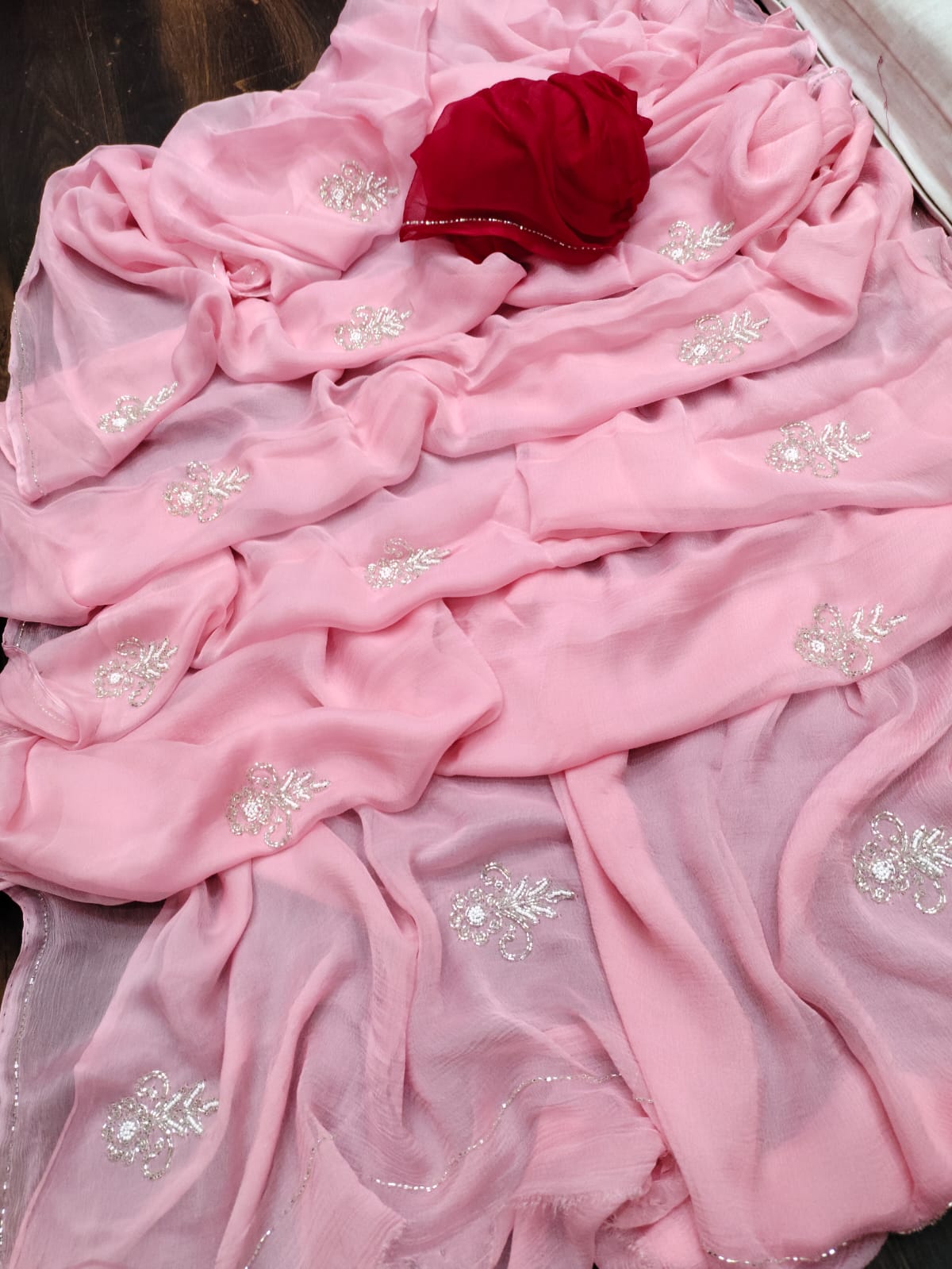 Luxury Rani Pink Saree with Delicate Silver Motif Work