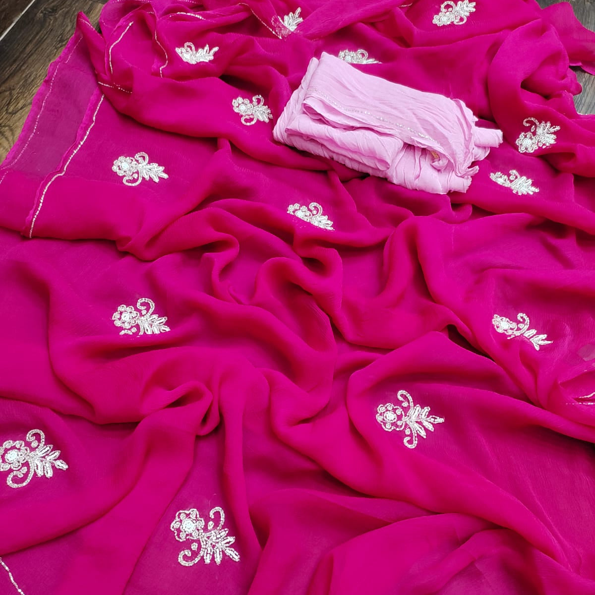 Luxury Rani Pink Saree with Delicate Silver Motif Work
