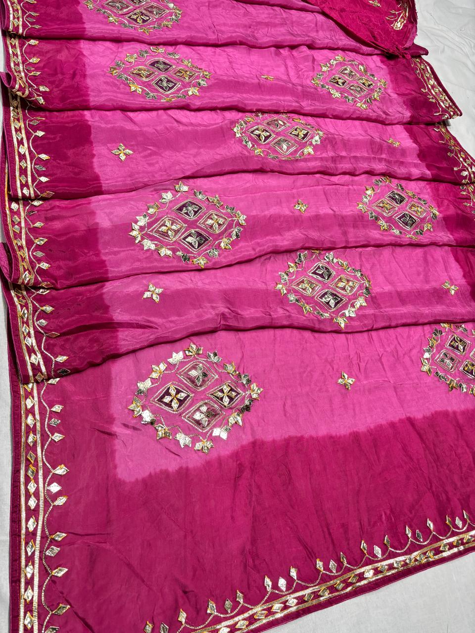 Designer Saree with Mirror Embroidery & Contrast Border
