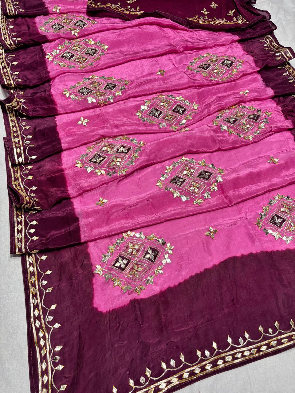 Designer Saree with Mirror Embroidery & Contrast Border