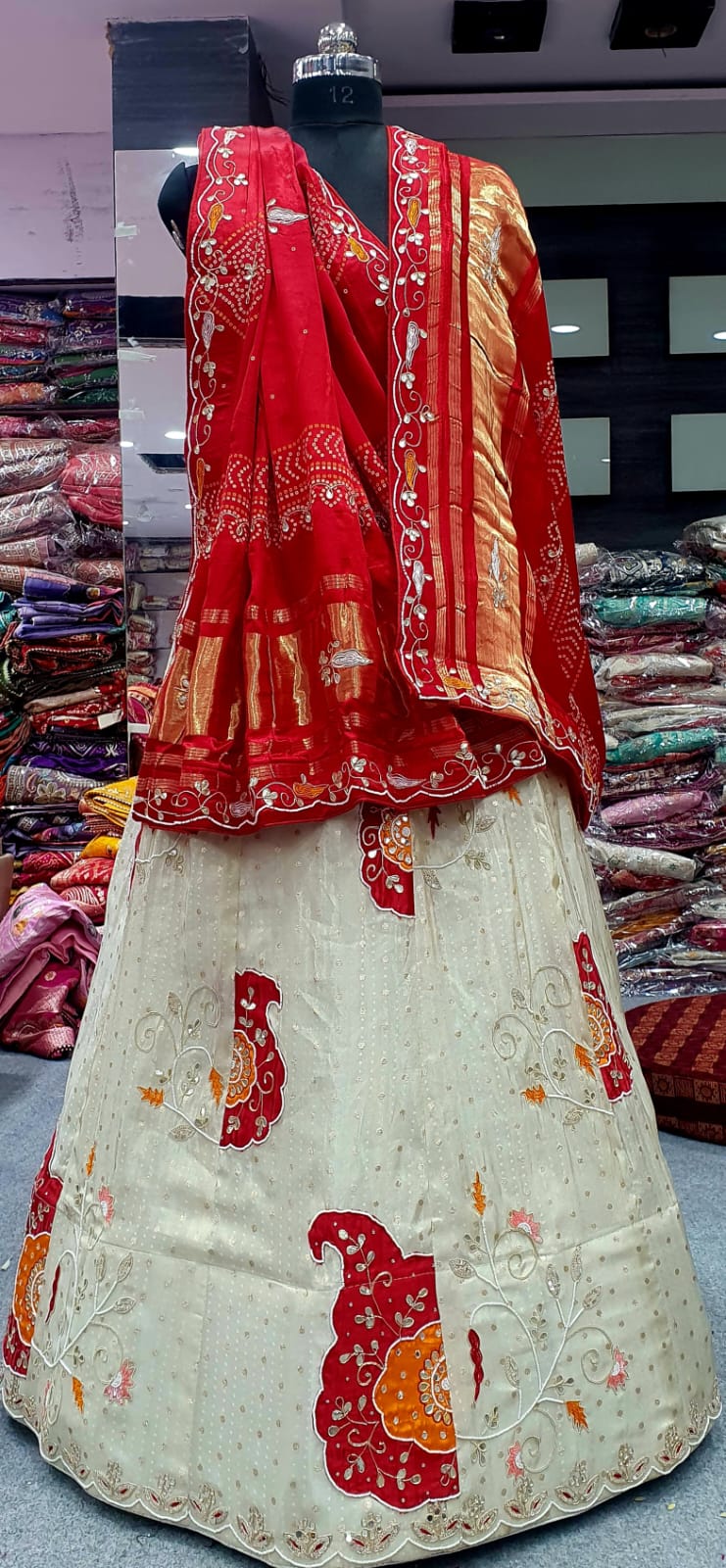 Cream Designer Lehenga with Multicolor Hand Embroidery