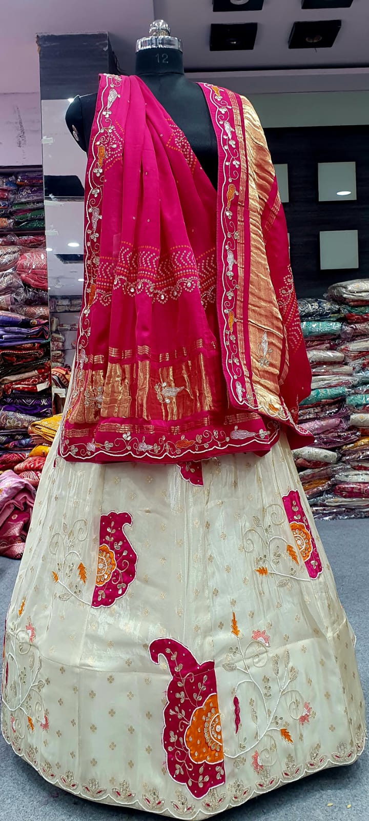 Cream Designer Lehenga with Multicolor Hand Embroidery