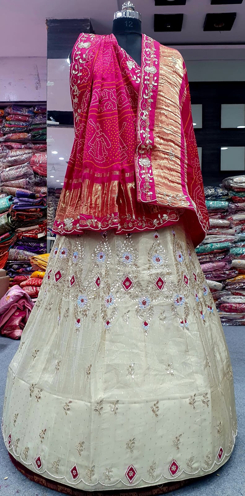 Traditional Ivory Lehenga Set with Contrast Dupatta