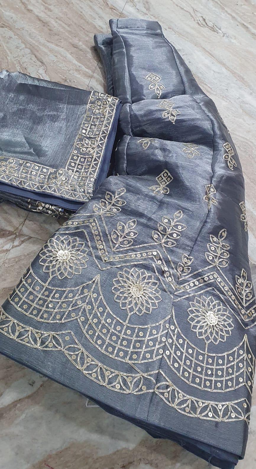 Organza Silk Lehenga with Golden Hand Embroidery & Floral Border”