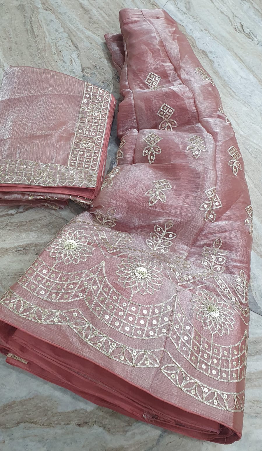 Organza Silk Lehenga with Golden Hand Embroidery & Floral Border”