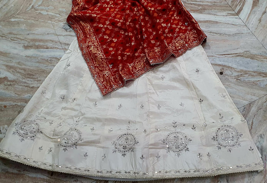 Ivory Off-White Embroidered Lehenga with Red Banarasi Dupatta