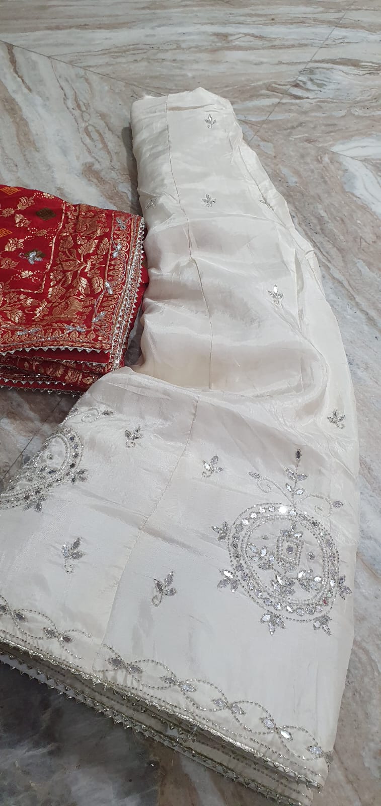 Ivory Off-White Embroidered Lehenga with Red Banarasi Dupatta