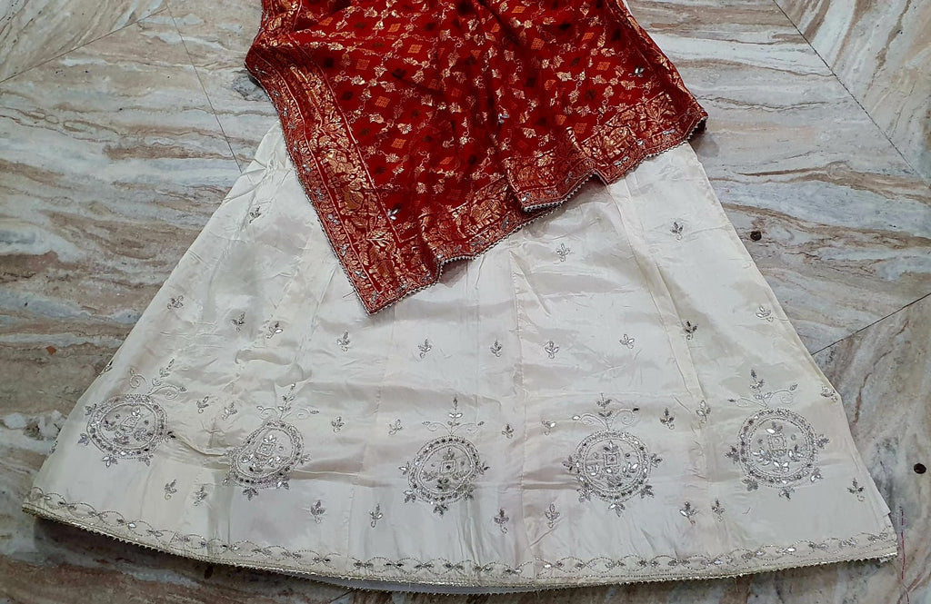 Ivory Off-White Embroidered Lehenga with Red Banarasi Dupatta