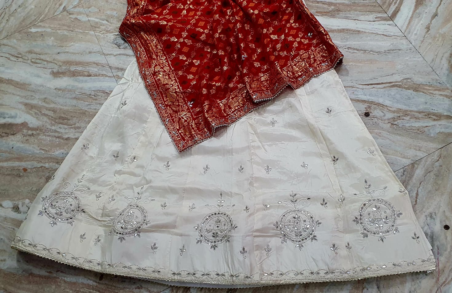 Ivory Off-White Embroidered Lehenga with Red Banarasi Dupatta