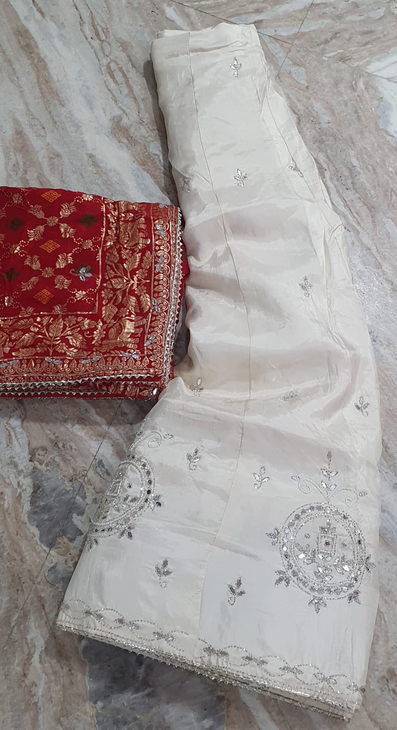 Ivory Off-White Embroidered Lehenga with Red Banarasi Dupatta