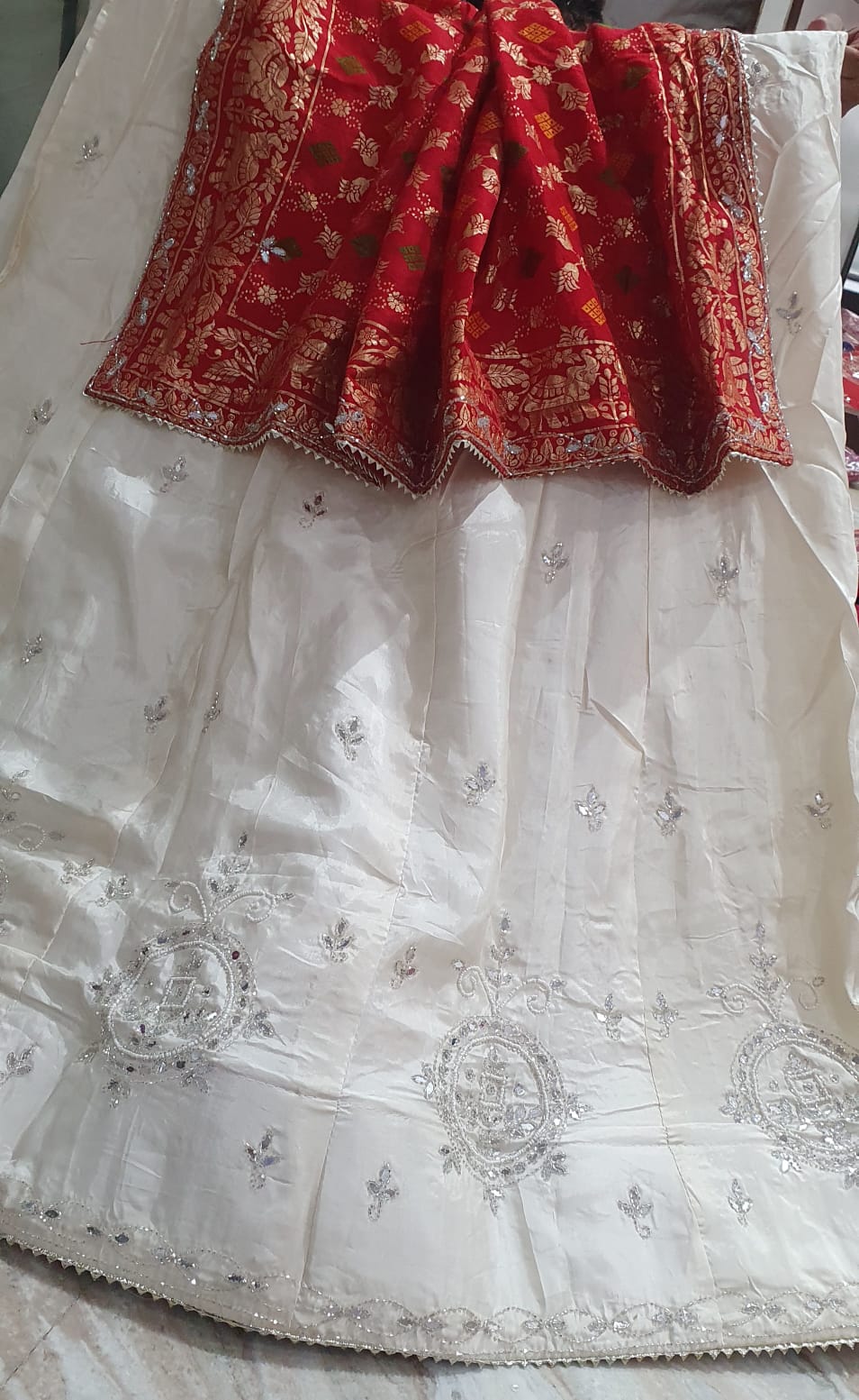 Ivory Off-White Embroidered Lehenga with Red Banarasi Dupatta