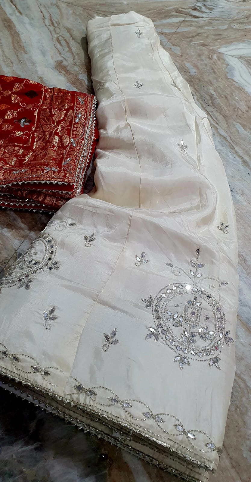 Ivory Off-White Embroidered Lehenga with Red Banarasi Dupatta