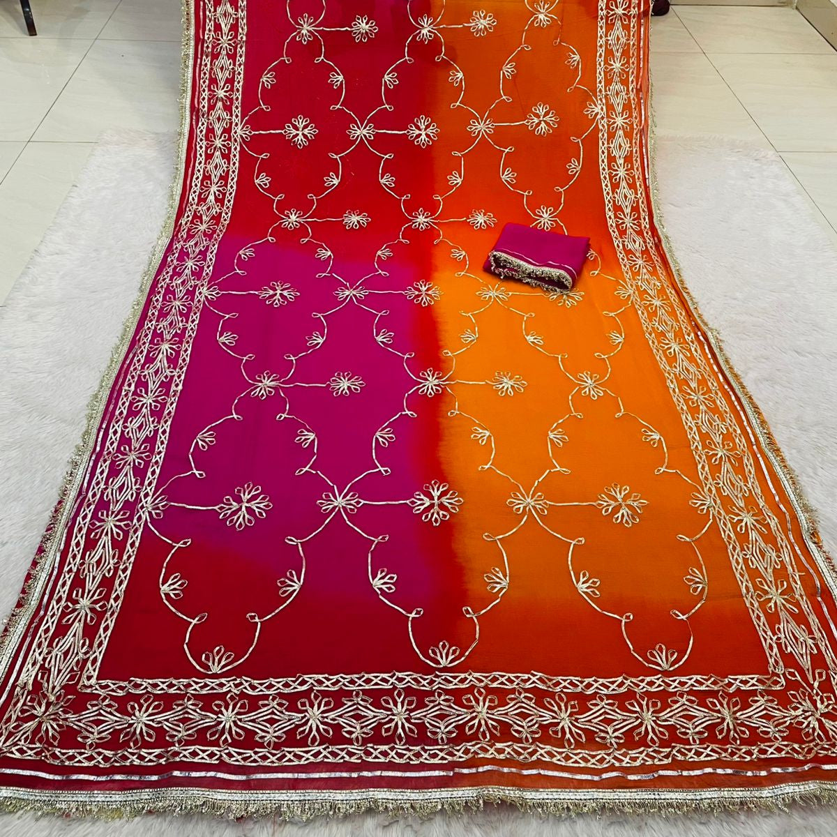 Heritage Rajasthani Gota Patti Saree – Dual-Tone Ombre Shaded Festive Wear