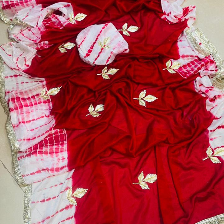 Handcrafted Red–Yellow Saree with Zari Leaf Buttis