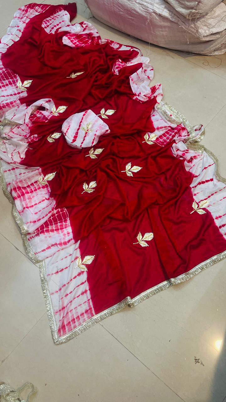 Handcrafted Red–Yellow Saree with Zari Leaf Buttis