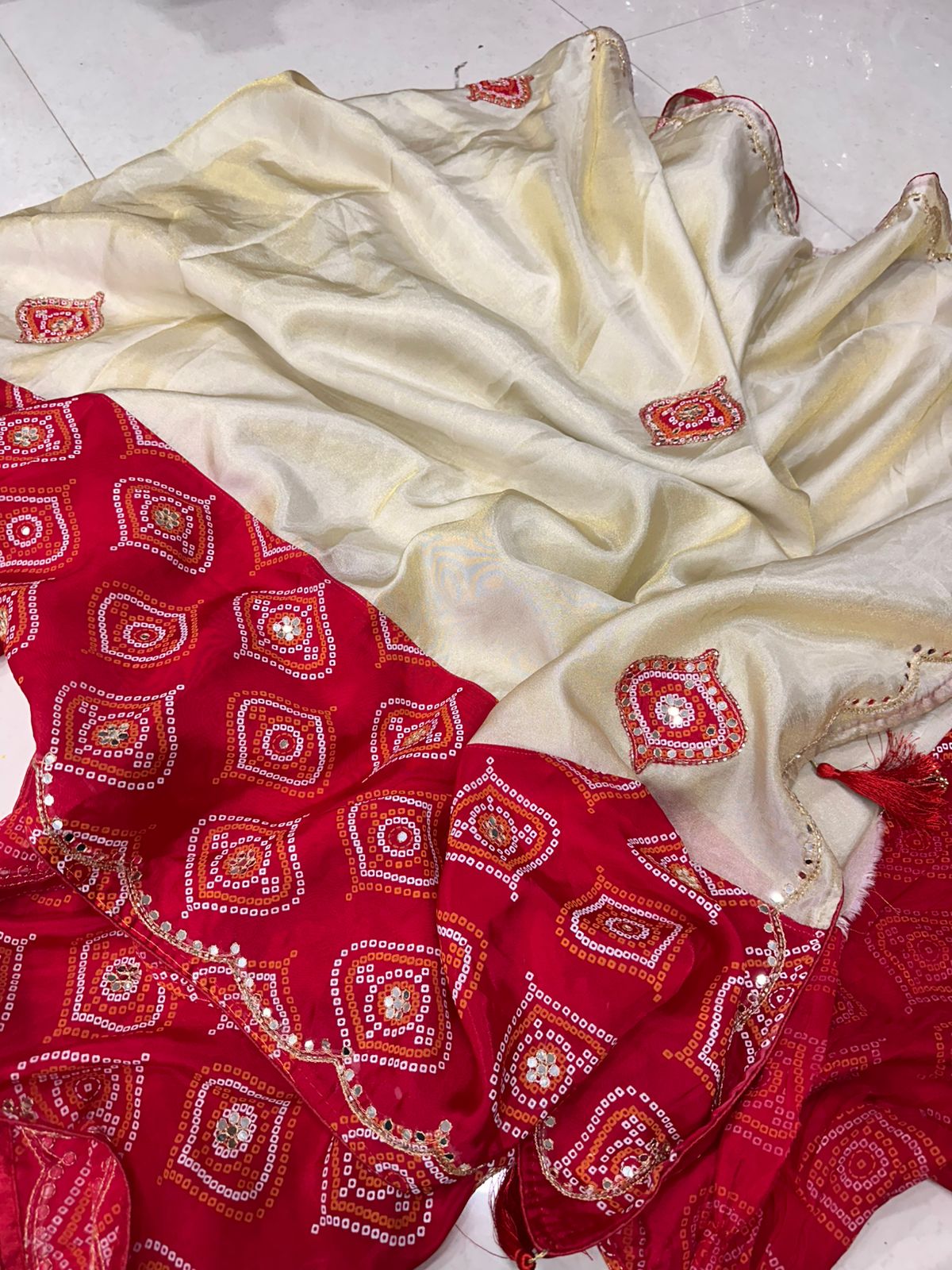 Festive Wear Cream Silk Saree with Bandhej Border