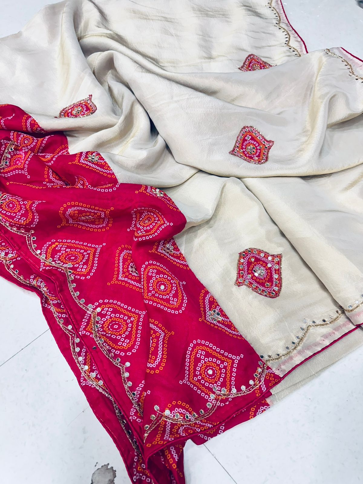 Festive Wear Cream Silk Saree with Bandhej Border