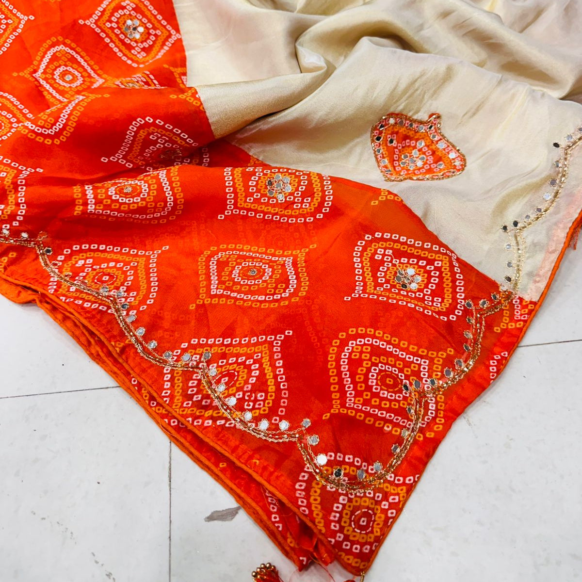 Festive Wear Cream Silk Saree with Bandhej Border