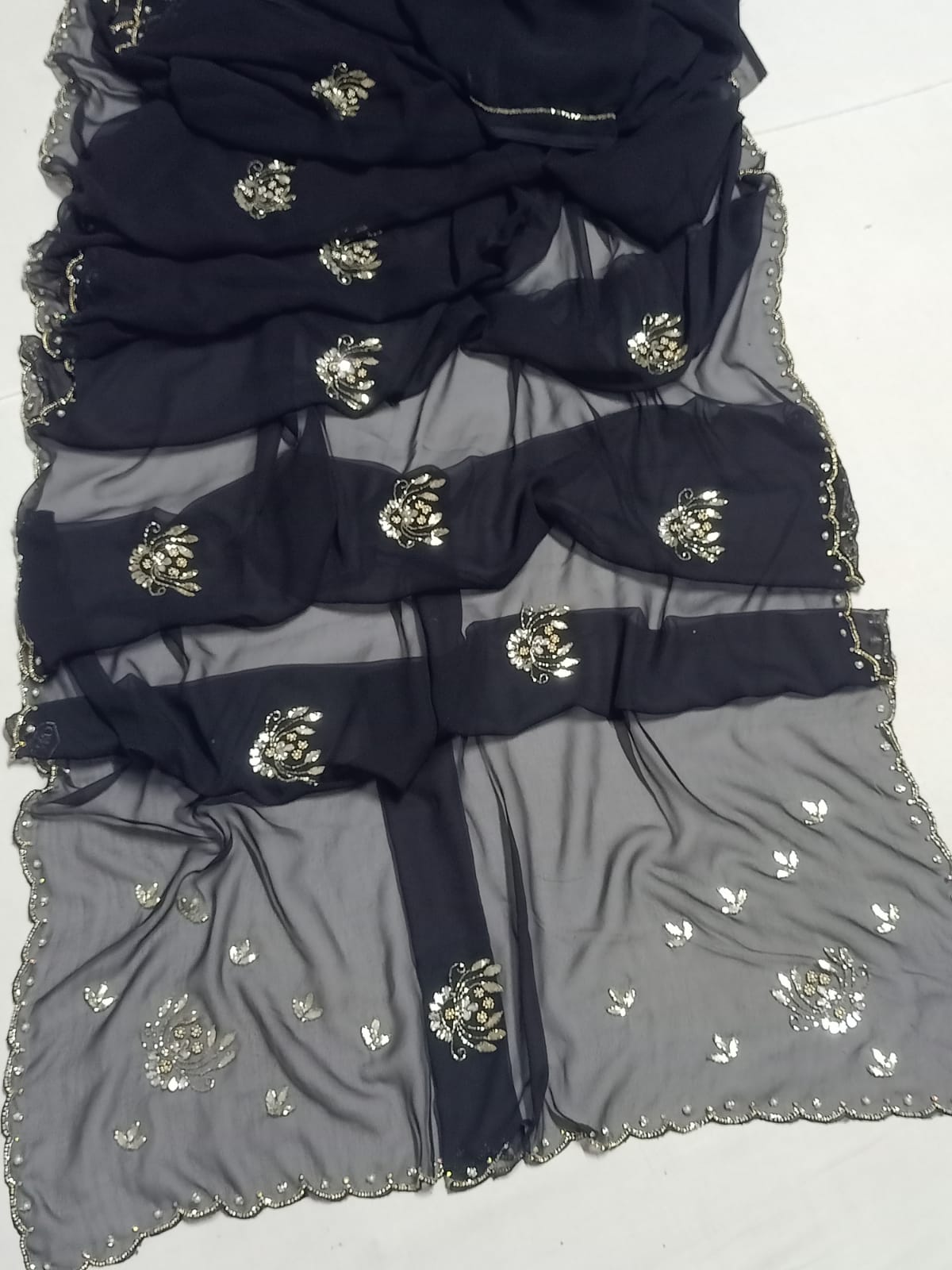 Designer Georgette Saree with Mirror Work & Scalloped Border