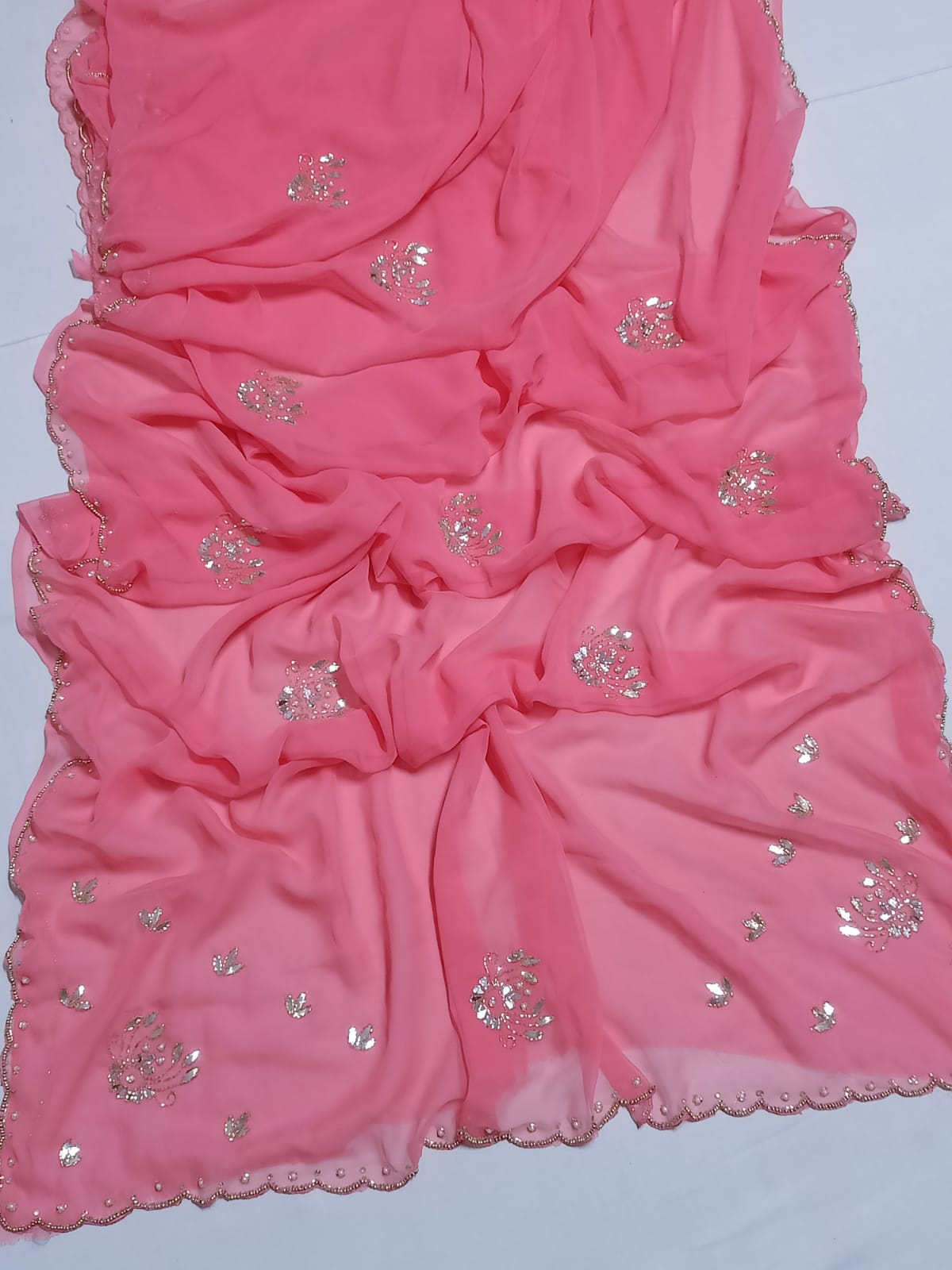 Designer Georgette Saree with Mirror Work & Scalloped Border