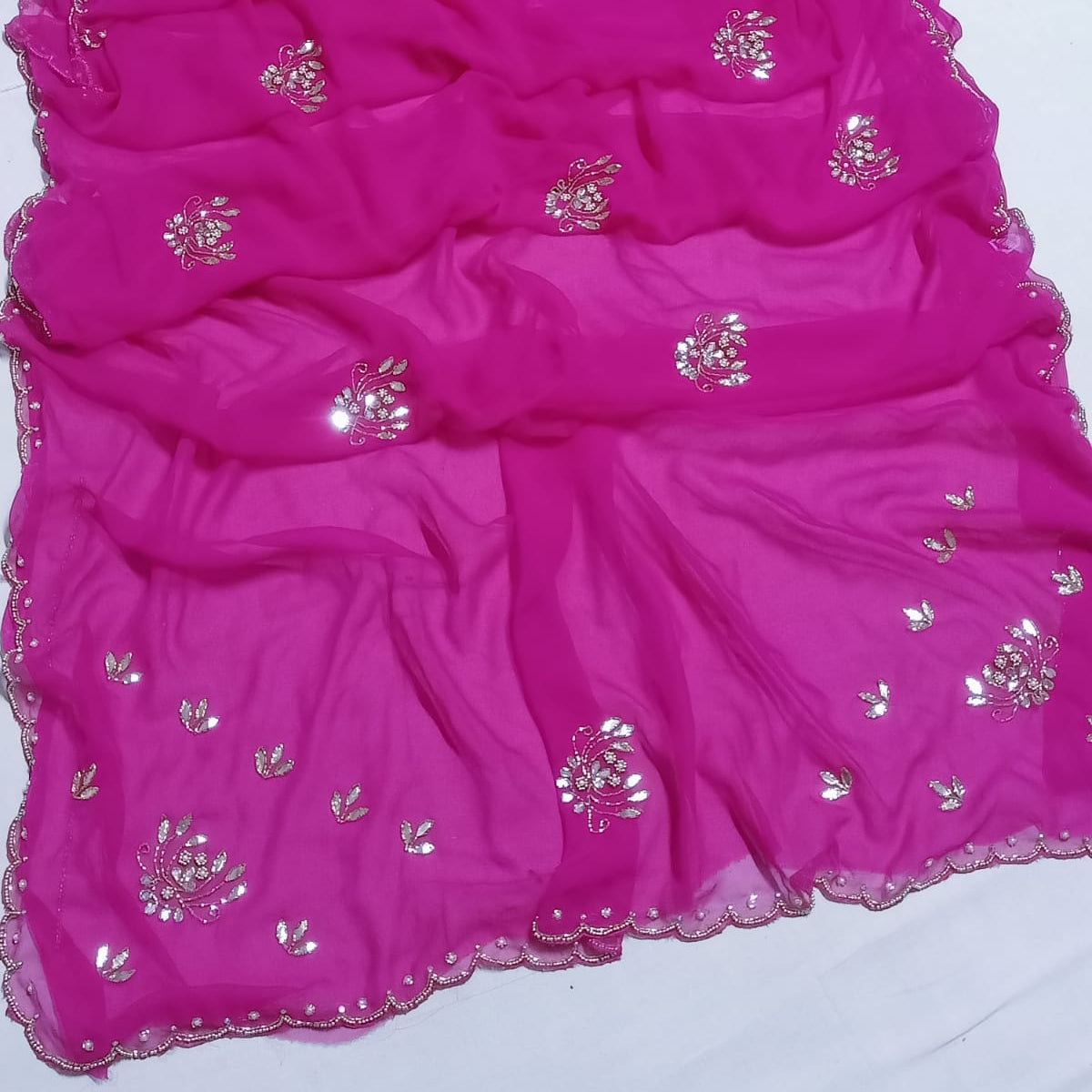Designer Georgette Saree with Mirror Work & Scalloped Border