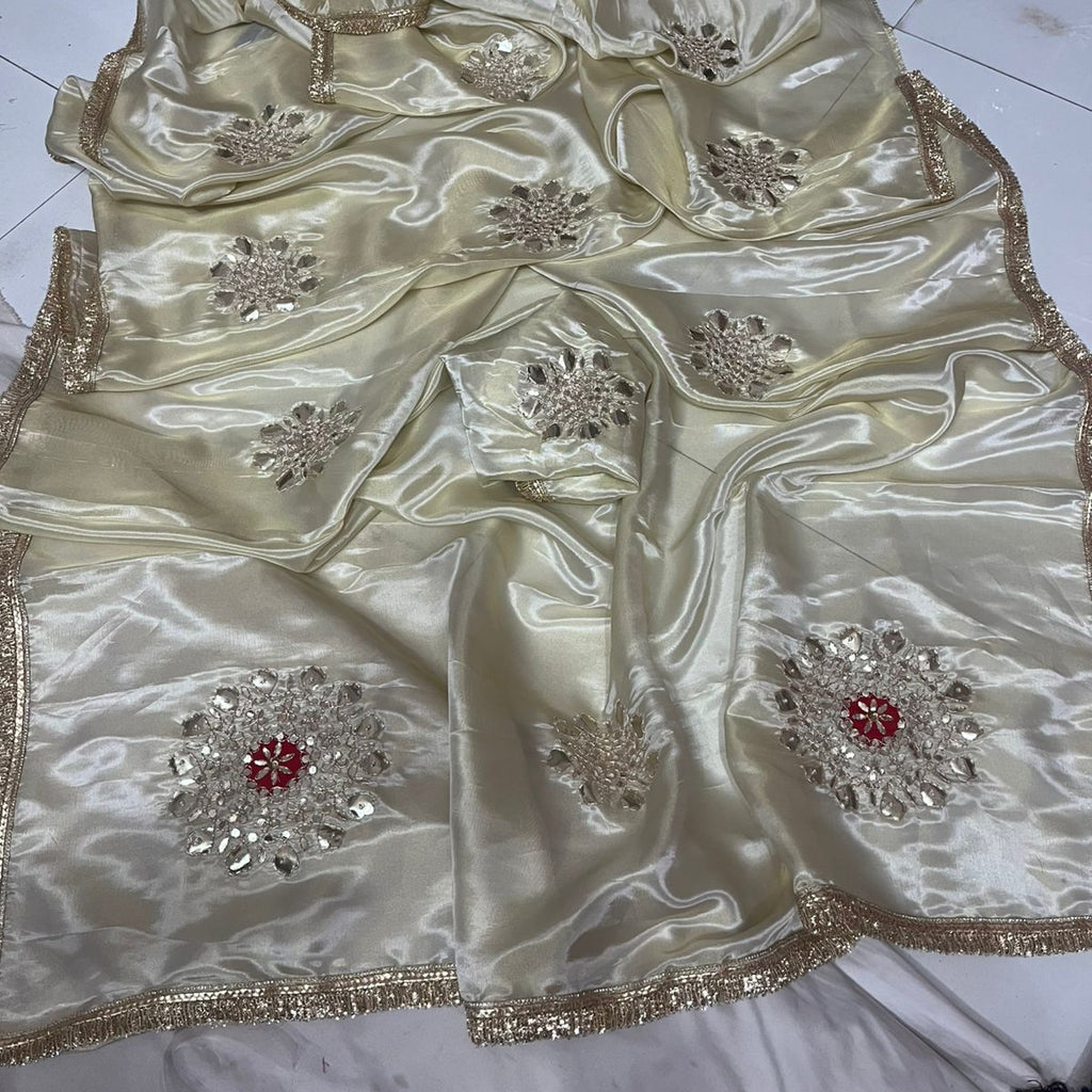 Ivory Satin Silk Saree with Mirror Work & Red Stone Floral Motifs