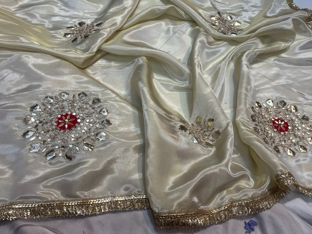 Ivory Satin Silk Saree with Mirror Work & Red Stone Floral Motifs
