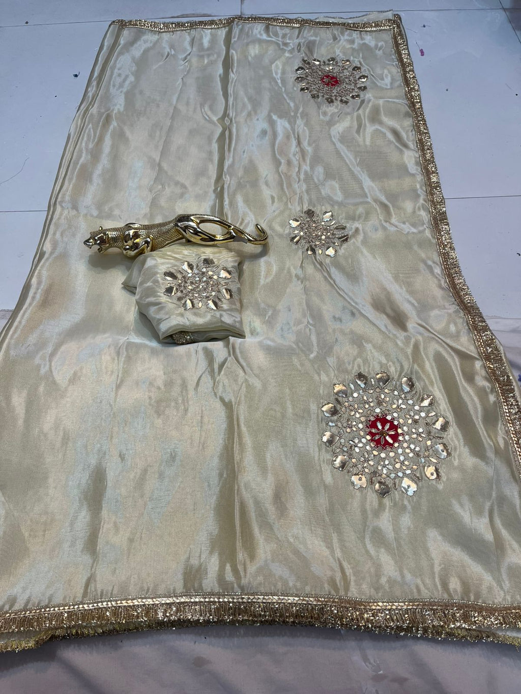 Ivory Satin Silk Saree with Mirror Work & Red Stone Floral Motifs