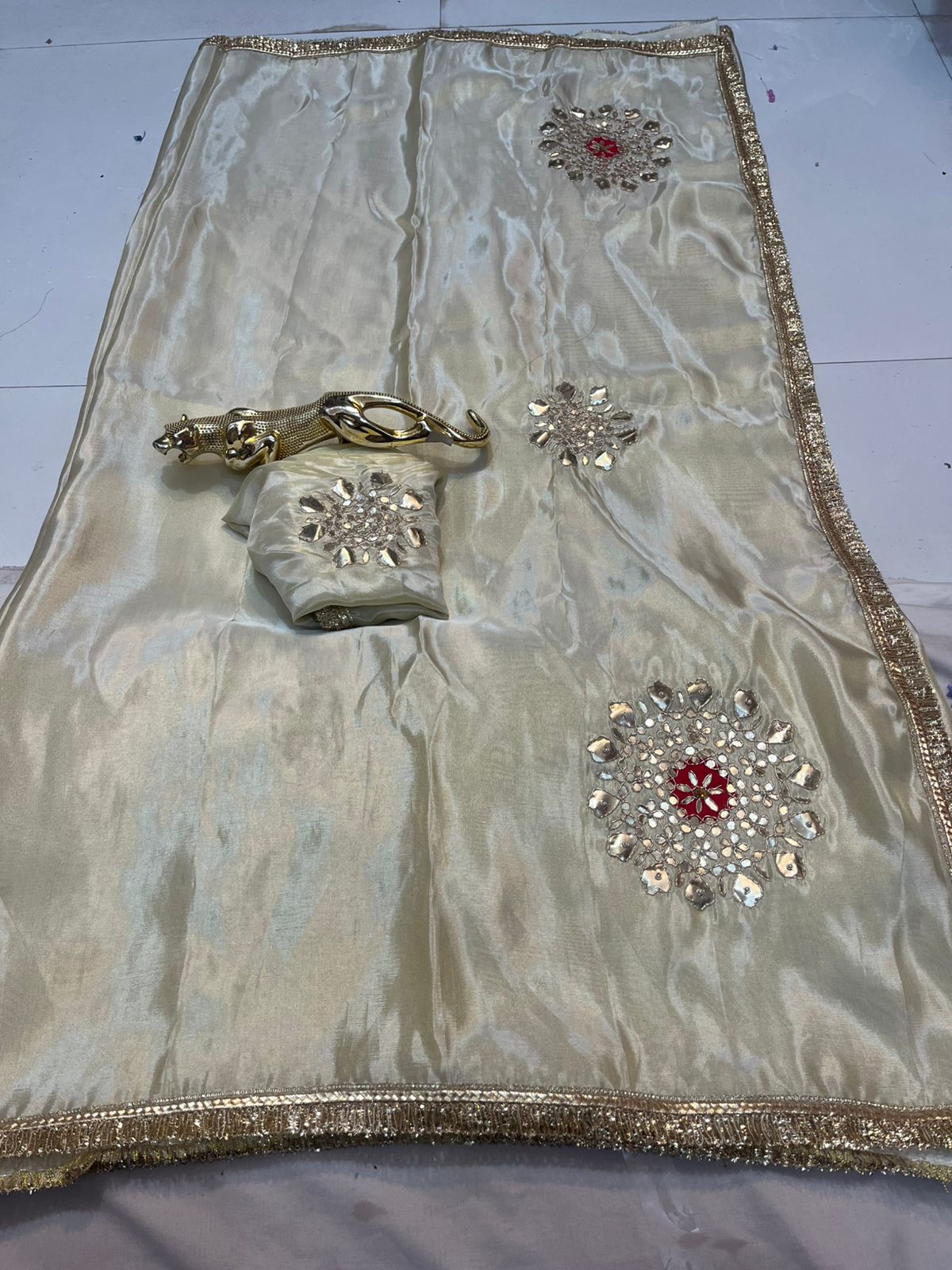 Ivory Satin Silk Saree with Mirror Work & Red Stone Floral Motifs