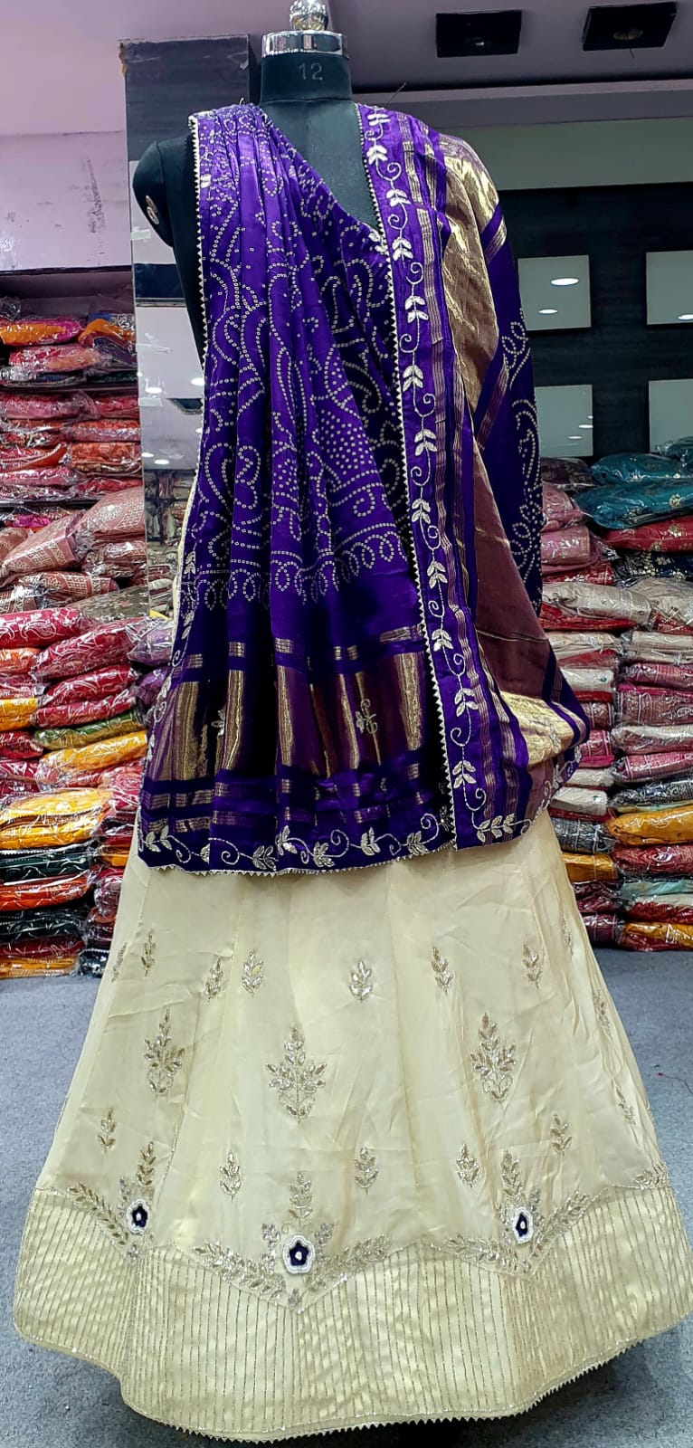 Cream Silk Lehenga with Gota Patti Work