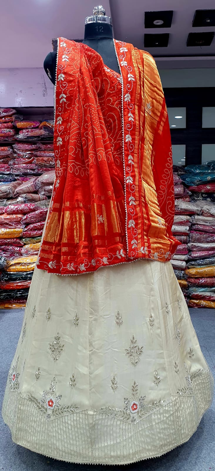 Cream Silk Lehenga with Gota Patti Work