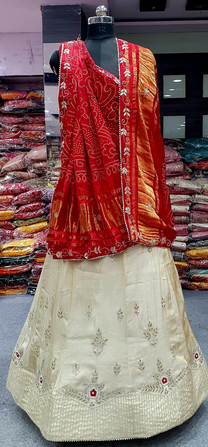 Cream Silk Lehenga with Gota Patti Work