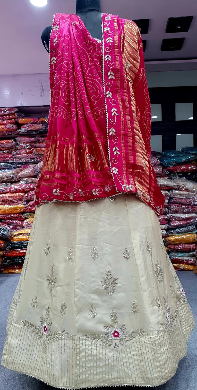 Cream Silk Lehenga with Gota Patti Work