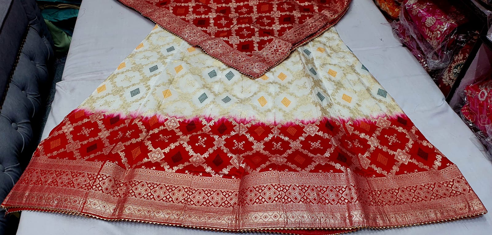 Traditional Bandhej and Floral Embroidered Lehenga