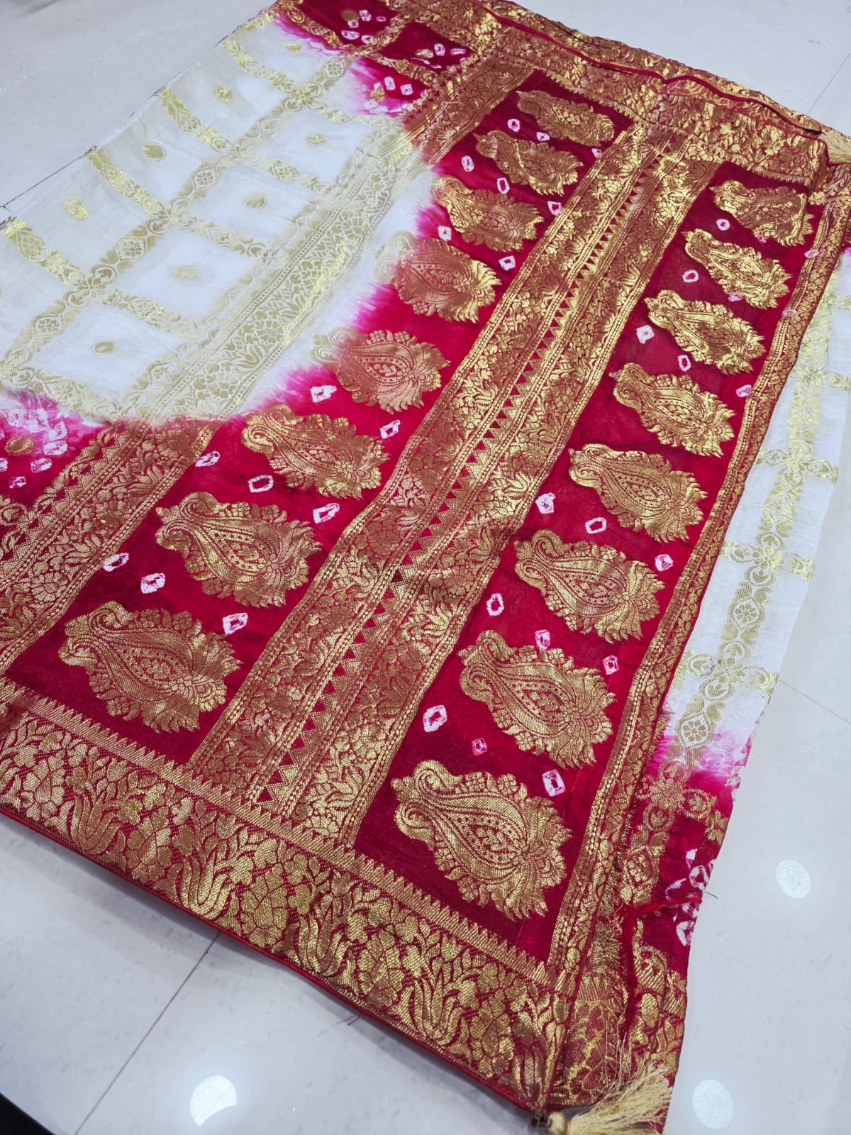 Latest Upada Silk Fabric Bandhani Ghatchola Meenakari Banarasi Saree by pcd