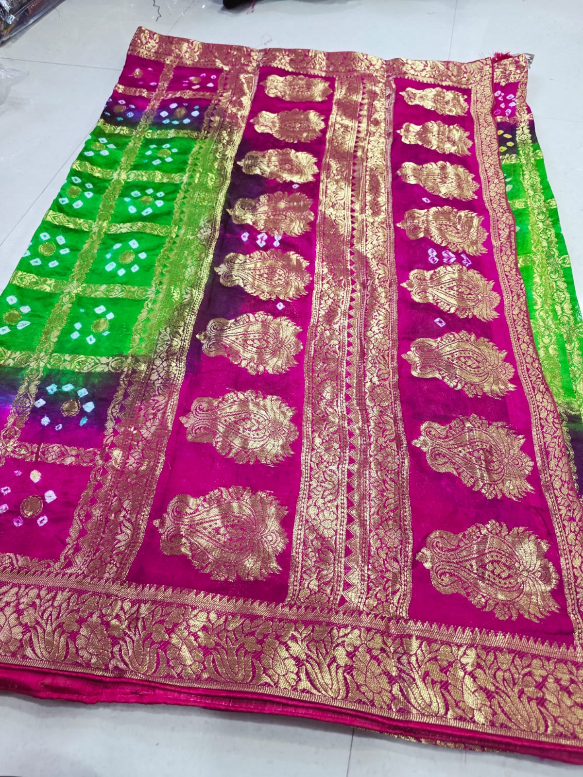 Latest Upada Silk Fabric Bandhani Ghatchola Meenakari Banarasi Saree by pcd