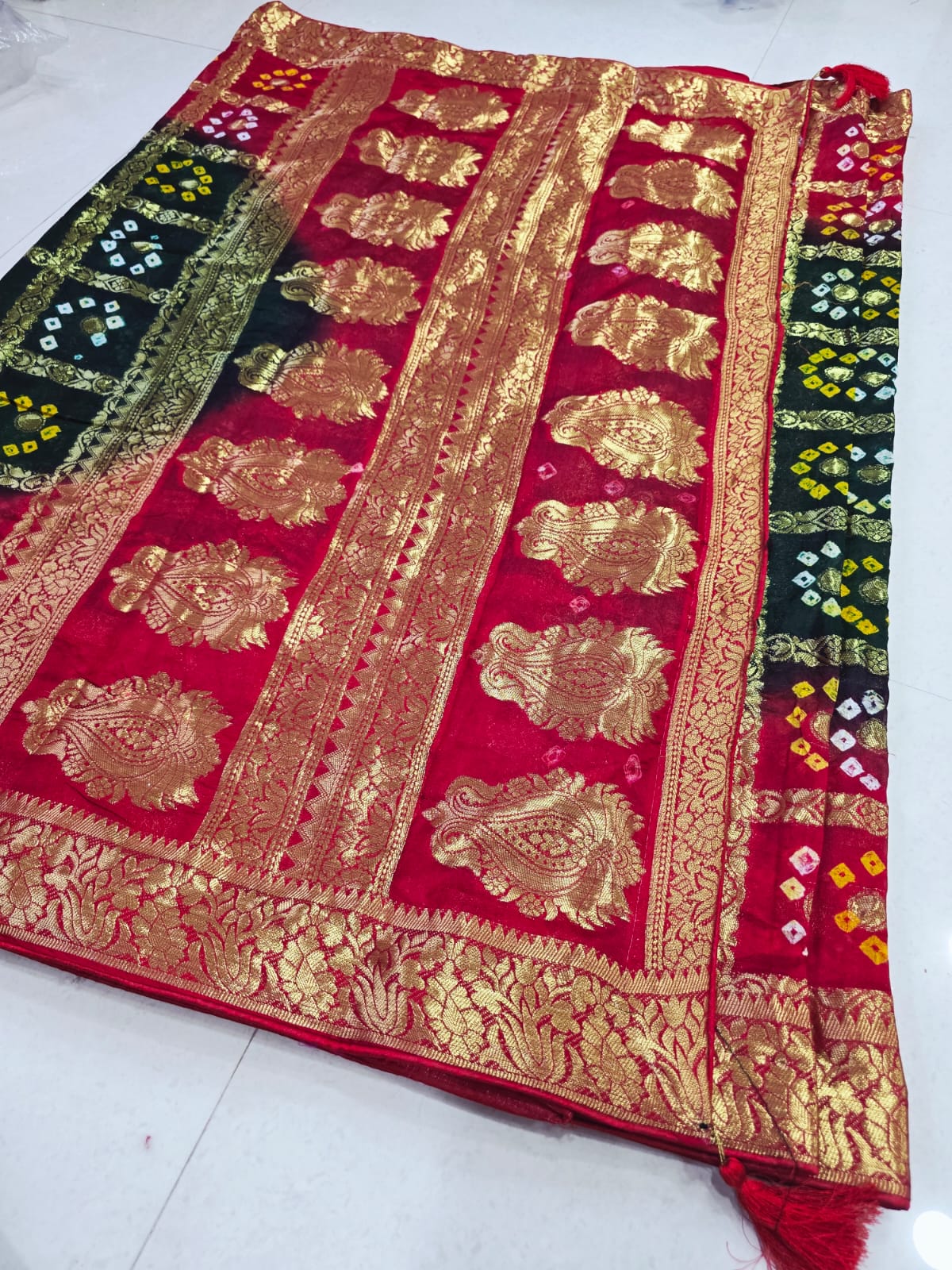Latest Upada Silk Fabric Bandhani Ghatchola Meenakari Banarasi Saree by pcd