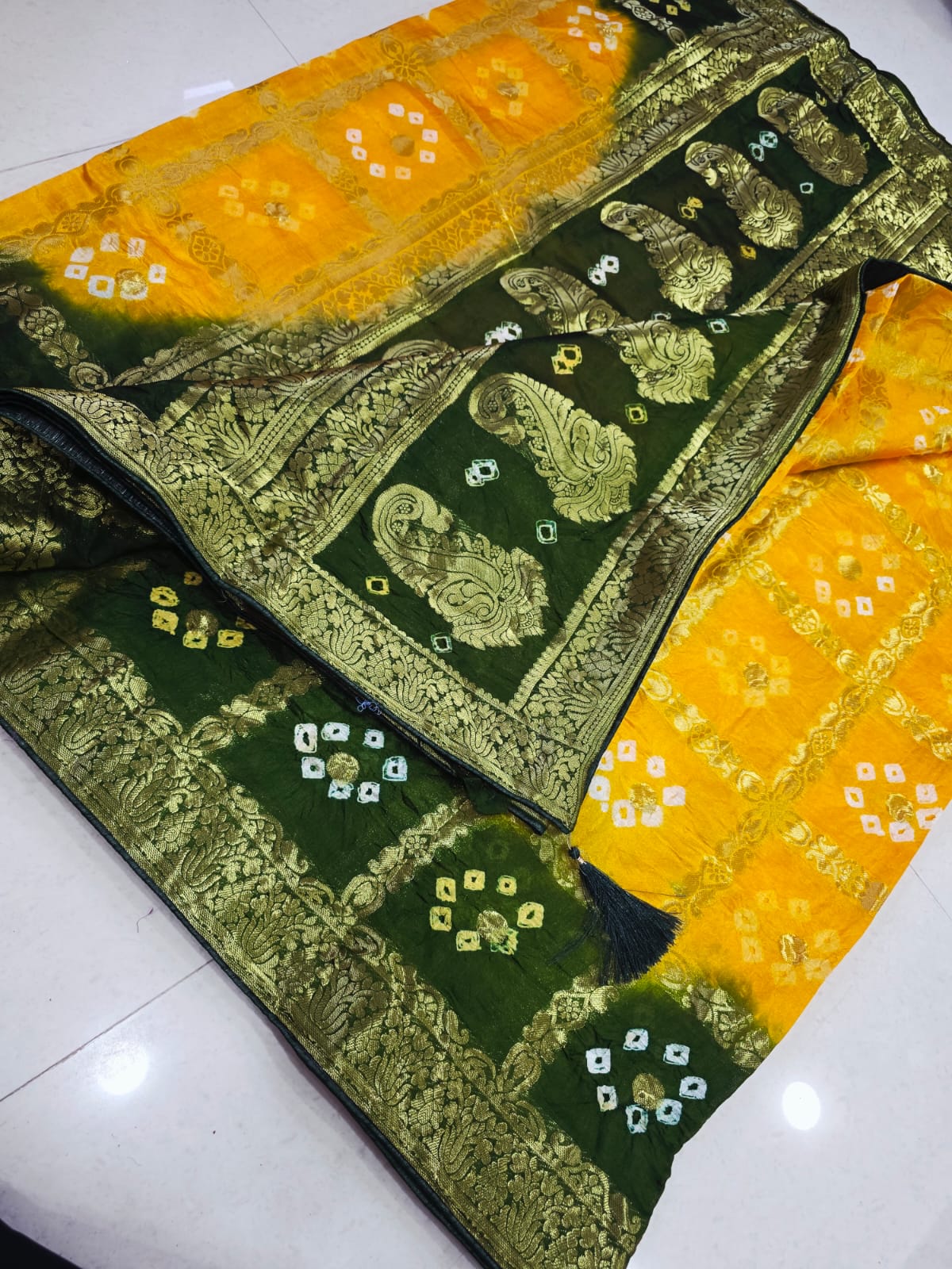 Latest Upada Silk Fabric Bandhani Ghatchola Meenakari Banarasi Saree by pcd