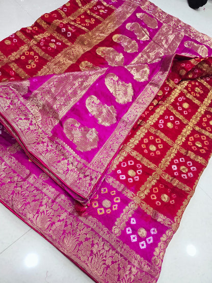 Latest Upada Silk Fabric Bandhani Ghatchola Meenakari Banarasi Saree by pcd