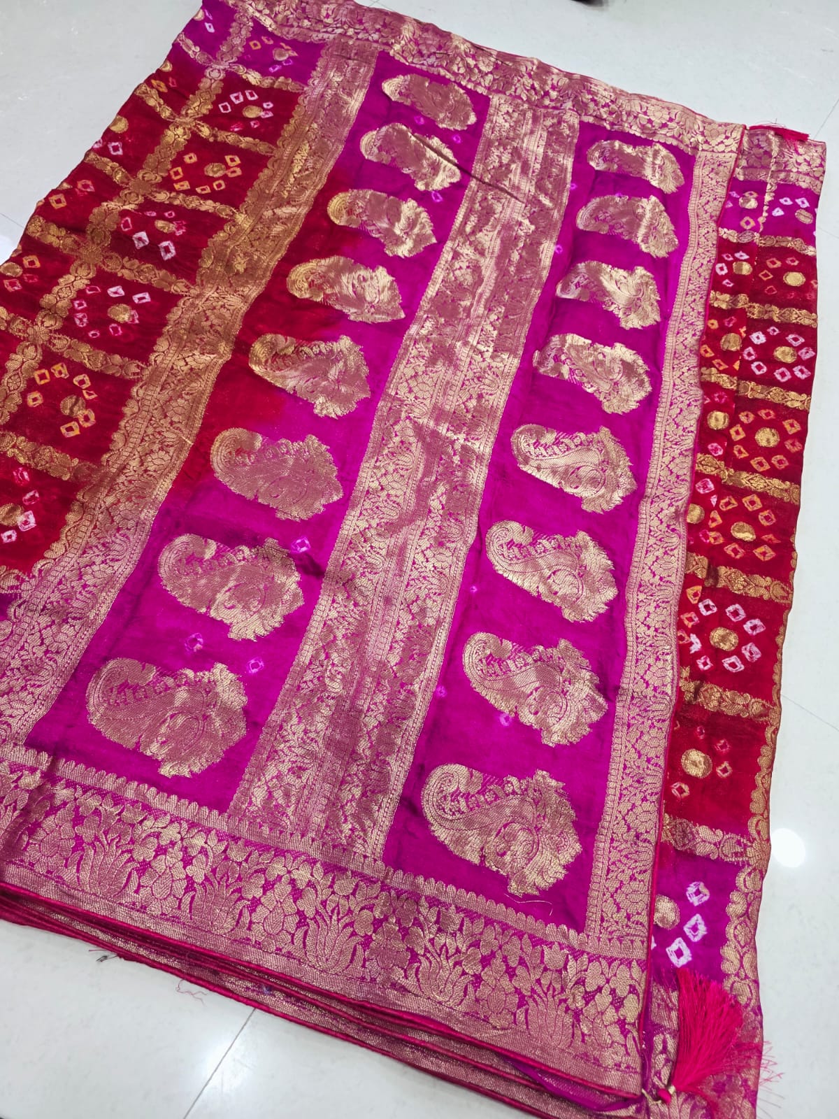 Latest Upada Silk Fabric Bandhani Ghatchola Meenakari Banarasi Saree by pcd
