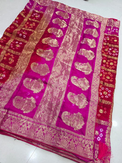 Latest Upada Silk Fabric Bandhani Ghatchola Meenakari Banarasi Saree by pcd