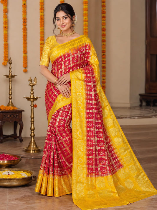 Latest Upada Silk Fabric Bandhani Ghatchola Meenakari Banarasi Saree by pcd
