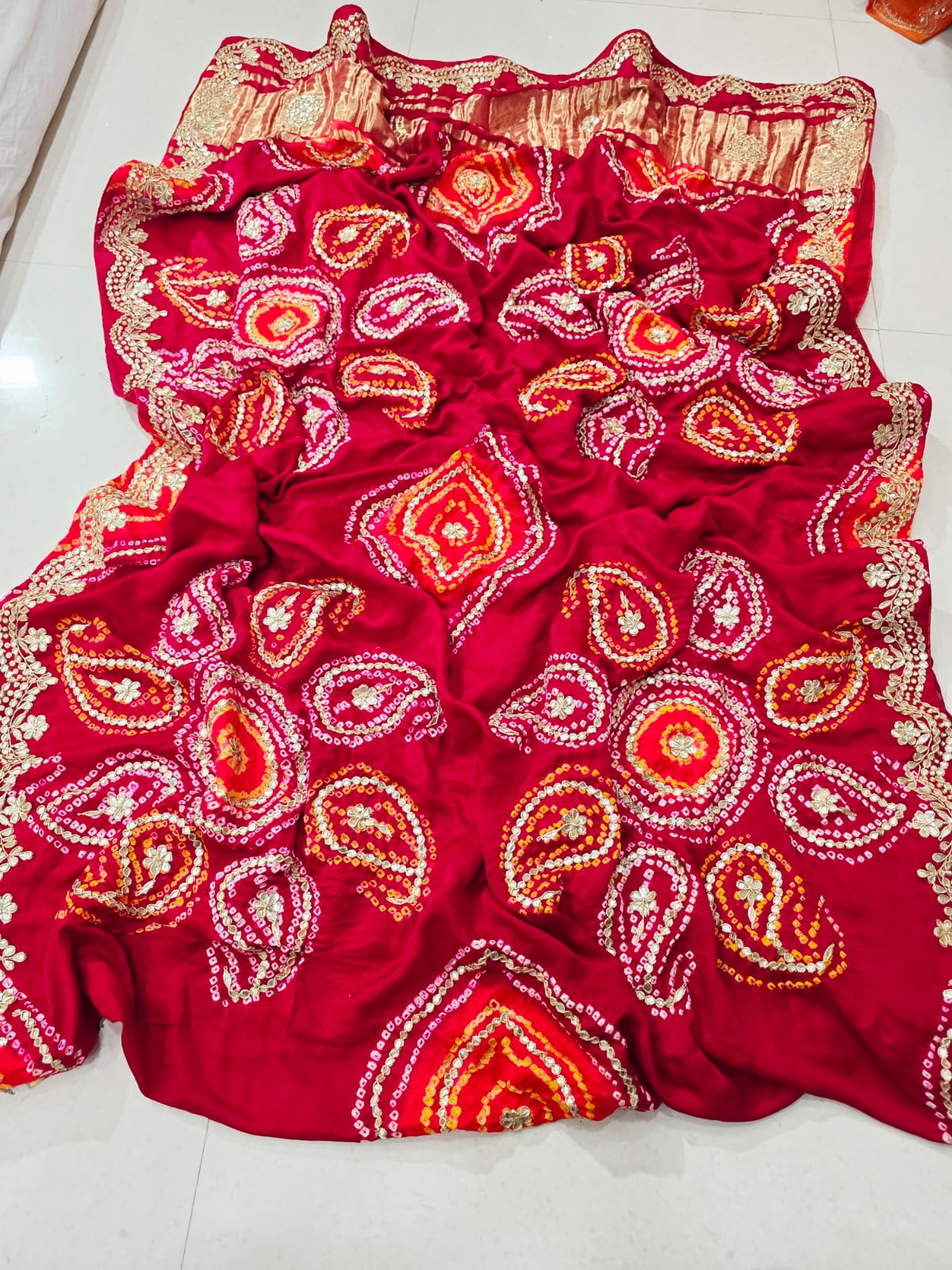 Pure Gaji Silk Bandhani Ghatchola Heavy Gotapatti Work Saree