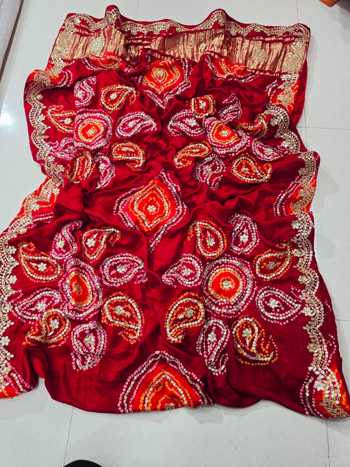 Pure Gaji Silk Bandhani Ghatchola Heavy Gotapatti Work Saree