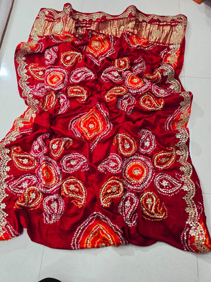 Pure Gaji Silk Bandhani Ghatchola Heavy Gotapatti Work Saree