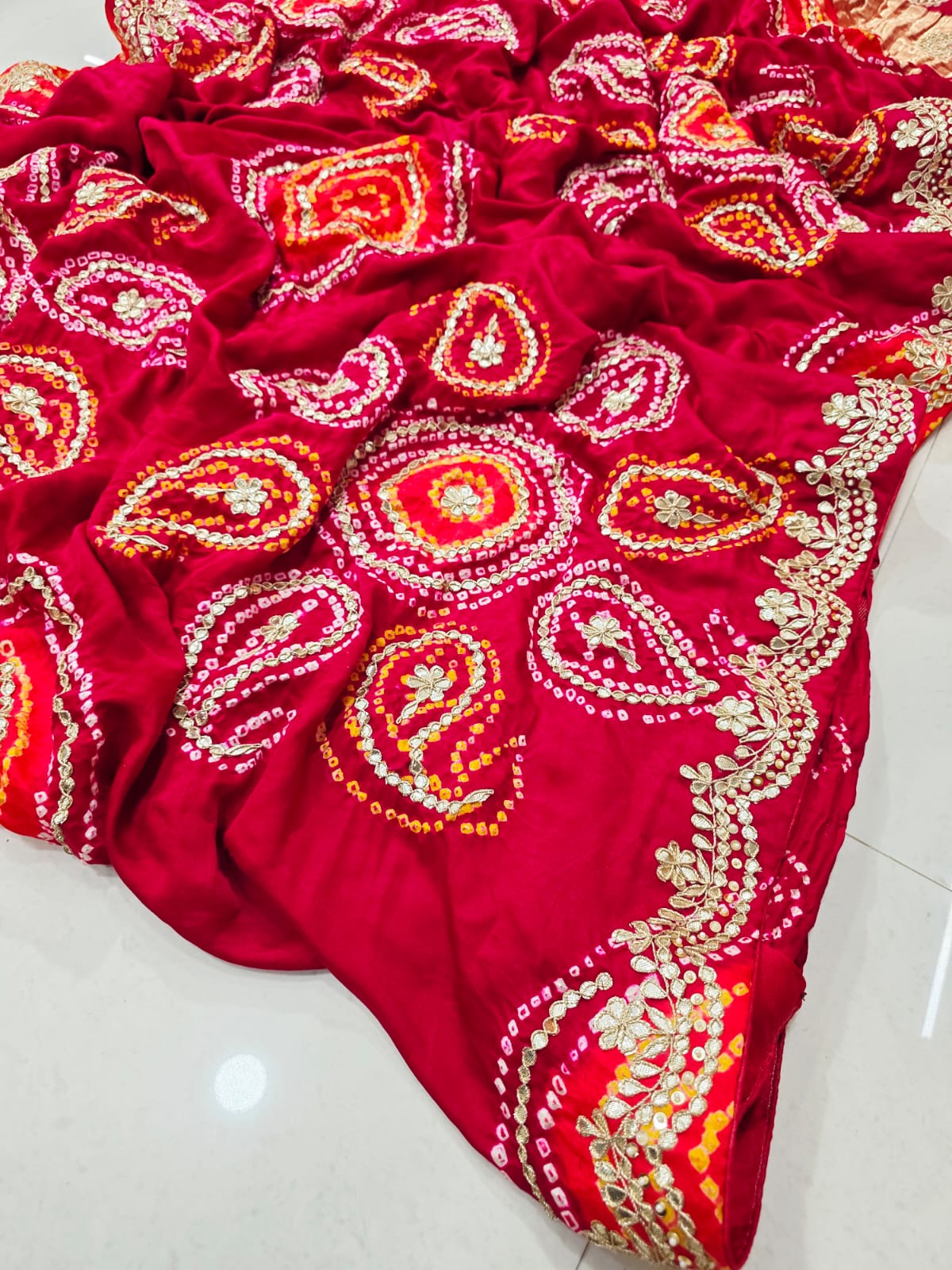 Pure Gaji Silk Bandhani Ghatchola Heavy Gotapatti Work Saree